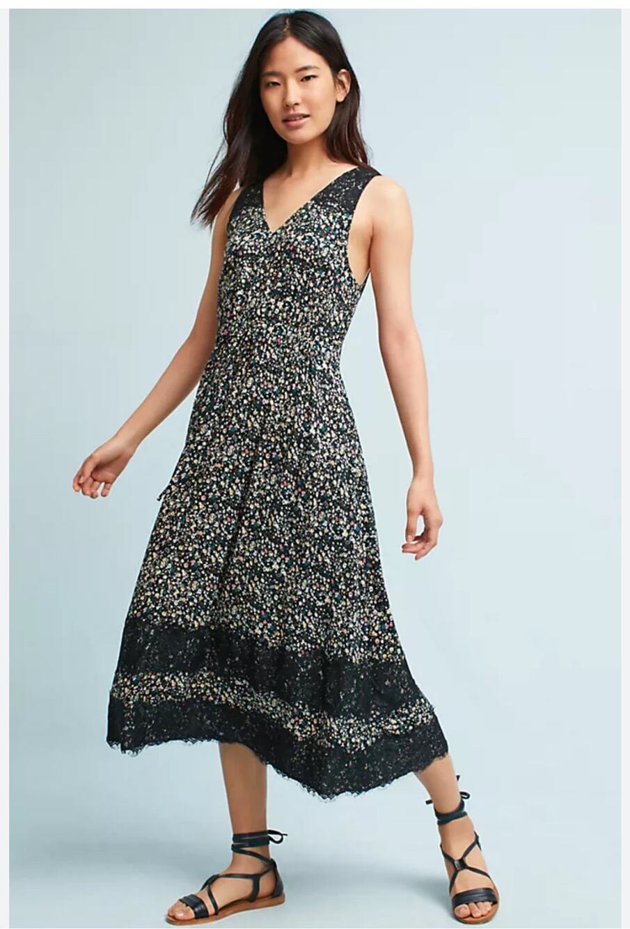 Ranna Gill Anthropologie Black Ditsy Floral Sleeveless Lace Trim Midi Dress